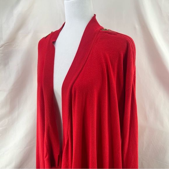MICHAEL Michael Kors Rich Red Open Knit Cardigan w Zipper Shoulders Full Wrap L - Picture 6 of 15